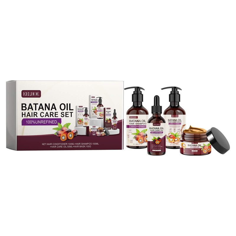 EELHOE Batana Oil Hair Care Set featuring bottles of natural hair treatment products with labels and pump dispensers.