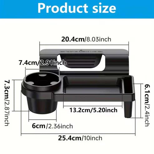 Car armrest with built-in mobile phone holder and cup holder, designed for easy access and secure fit in vehicle interior.