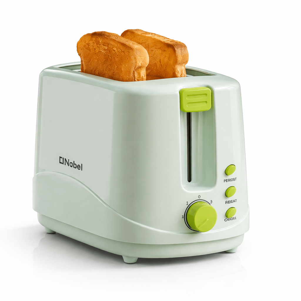 Nobel toaster from My Store with two slots, bread slices inside, ready for toasting. Modern kitchen appliance in a clean design.