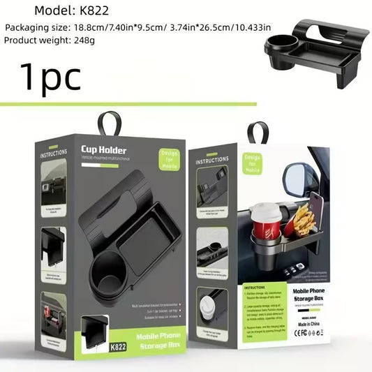 Car armrest with built-in mobile phone holder and cup holder for convenient in-car storage and easy access.