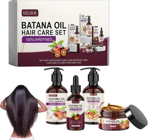 EELHOE Batana Oil Hair Care Set with bottles and packaging, natural hair treatment products for healthy hair care.