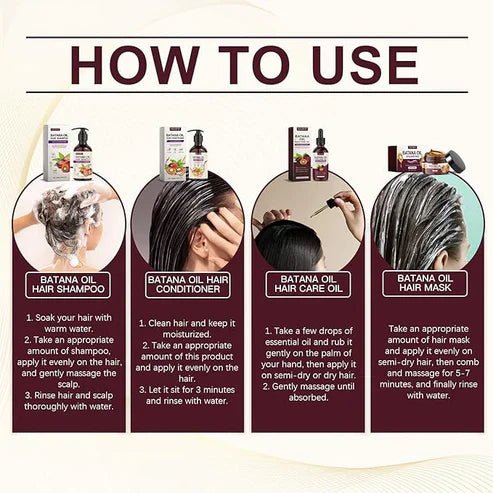 EELHOE Batana Oil Hair Care Set by My Store, featuring bottles of natural hair treatment products with labels and packaging.