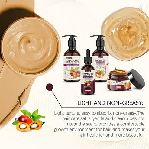 EELHOE Batana Oil Hair Care Set with bottles of natural hair treatment products, designed for nourishing and revitalizing hair.