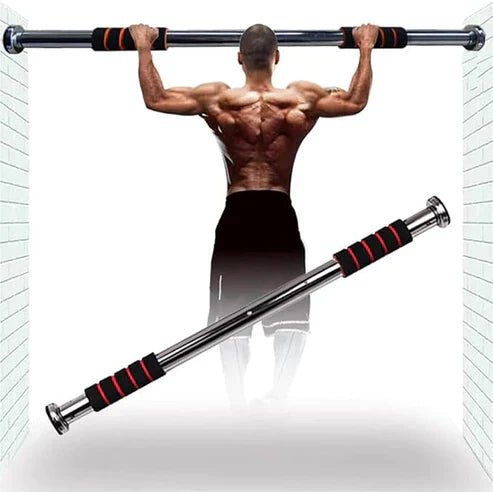 LORDEX doorway gym bar mounted on door frame for pull-ups and strength training exercises, black metal construction.