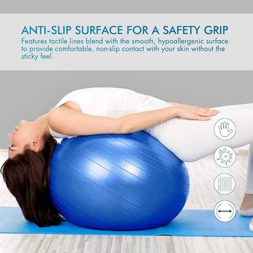 My Store Lordex gym ball for fitness, blue exercise ball on a gym floor, used for workout stability and core strengthening.