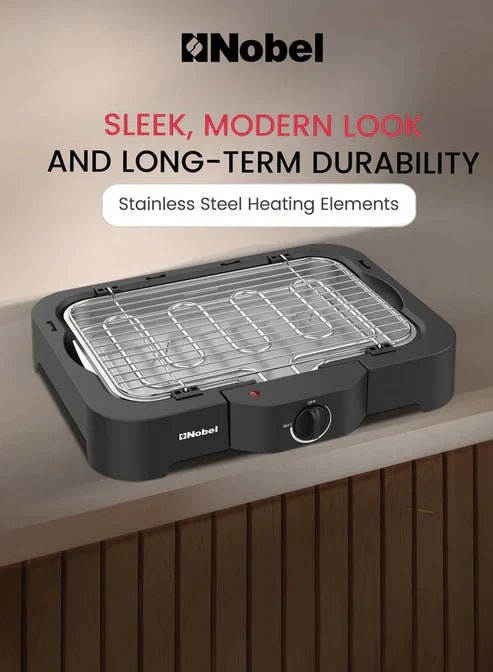 Nobel Electric Grill by My Store with stainless steel body, cooking surface, and temperature control knob visible in the image.