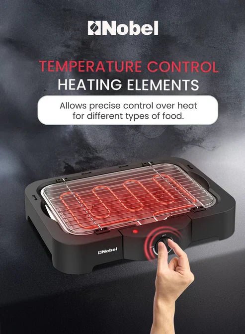 Nobel electric grill by My Store with a sleek black design, cooking surface, and control knobs for indoor grilling.