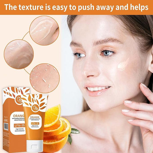 TURAS SHOP orange brightening exfoliating gel in a clear tube with orange accents, showing the gel texture inside.
