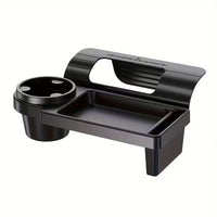 Car armrest with built-in mobile phone holder and cup holder, designed for vehicle convenience and easy access.