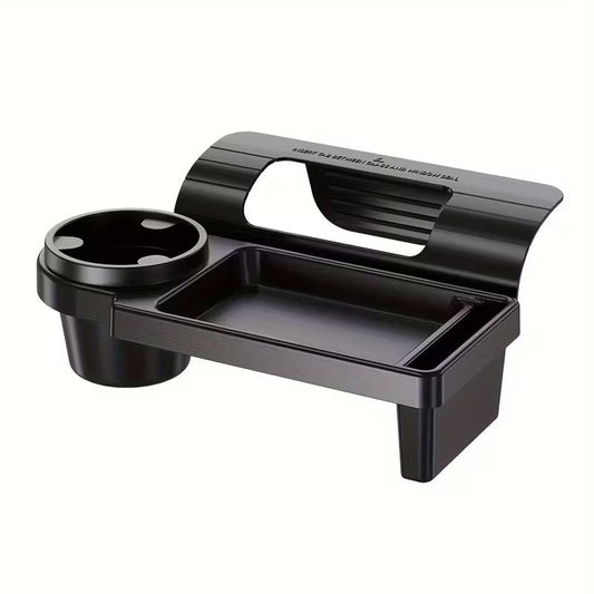 Car armrest with built-in mobile phone holder and cup holder, designed for easy accessibility and convenience in vehicles.