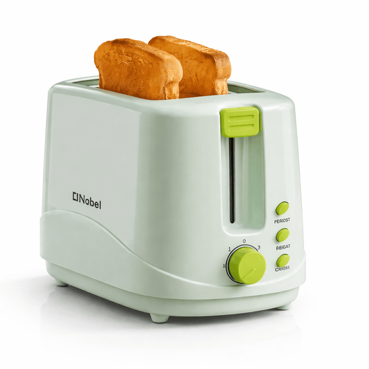 Nobel toaster from My Store with two slots, bread slices inside, ready for toasting. Modern kitchen appliance in a clean design.