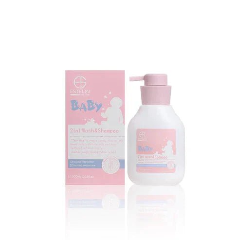 Two-in-one baby wash and shampoo bottle from My Store, gentle formula for sensitive skin, with a soft pump dispenser.