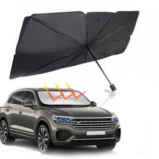 Portable Car Umbrella by Denx, shown covering a vehicle to protect against sun and rain, compact and easy to set up.