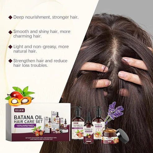 EELHOE Batana Oil Hair Care Set featuring bottles of natural hair treatment products with the original formula.
