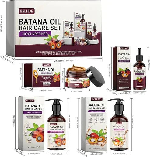 EELHOE Batana Oil Hair Care Set with bottles of natural hair treatment products, designed for nourishing and moisturizing hair.