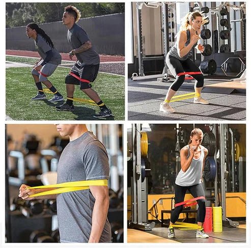 My Store exercise resistance belt shown in use, black elastic band for strength training and physical therapy exercises.