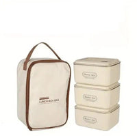 Insulated lunch box set with carry bag, featuring multiple containers and utensils for convenient meal packing.