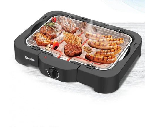Nobel electric grill by My Store with a sleek black design, cooking surface, and temperature control dial visible.