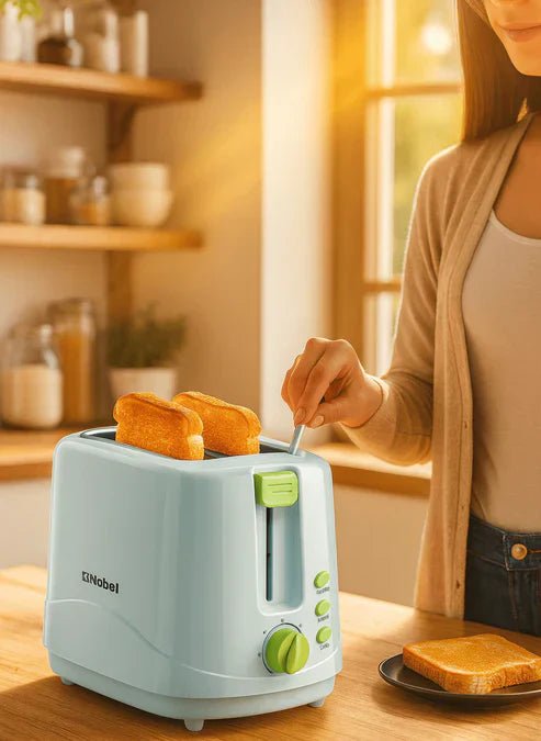 Nobel toaster from My Store, featuring a sleek design, with toasted bread slices ready for breakfast on a modern kitchen countertop.